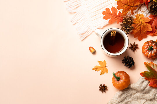 Autumn background. Hot tea, knitted scarf, spices and fallen leaves. Top view, space for text.