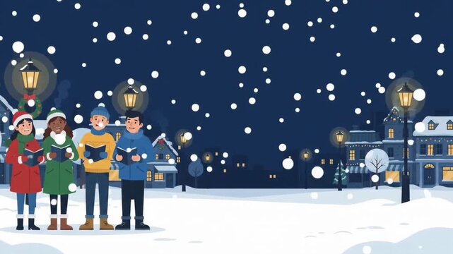 diverse group of carolers singing christmas carols under lantern on snowy town street at night. winter holiday celebration, musical performance, greeting card background.