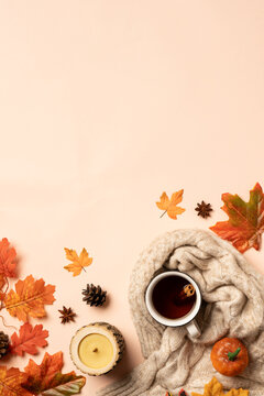 Cozy autumn flat lay background. Hot tea, knitted scarf, spices and fallen leaves on color background.