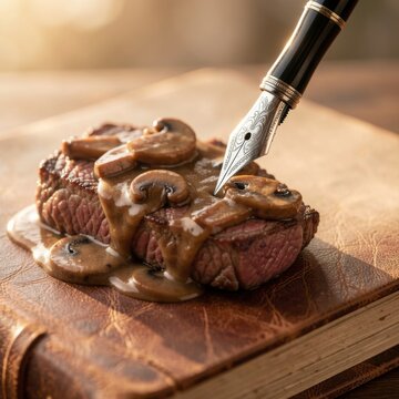 luxurious vintage fountain pen resting on juicy grilled steak smothered in mushroom gravy atop antique leather book