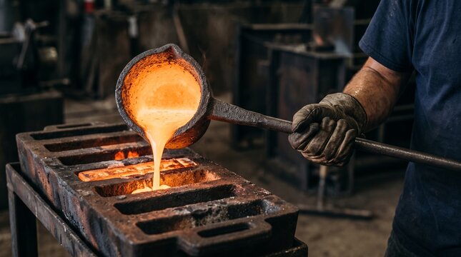 Metalworker pouring molten copper into mold in industrial foundry with copy space