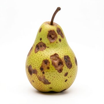 single ripe yellow pear covered with brown rotting spots and blemishes isolated on white background