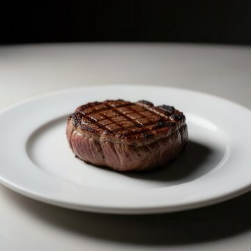 thick grilled beef filet mignon steak with sear marks served on minimalist white round ceramic plate