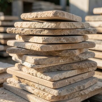neat stack of cut rough natural beige limestone paving slabs stored outdoors