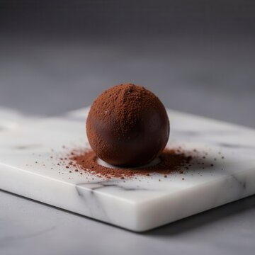 round dark chocolate truffle dusted with cocoa powder sitting on white marble board