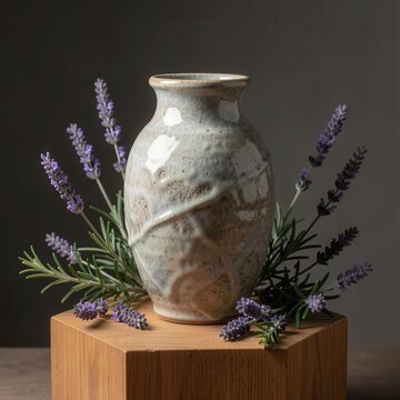 handmade rustic ceramic vase sitting on a wooden pedestal surrounded by fresh blooming lavender stems and rosemary sprigs