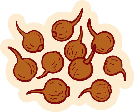 A cluster of stylized brown onions with attached stems, set against a light beige background with a soft outline