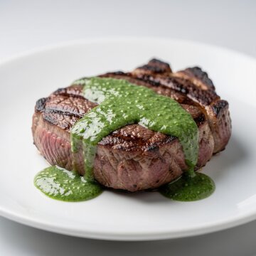 tender grilled beef filet mignon steak drizzled with vibrant green chimichurri herb sauce on a white porcelain plate