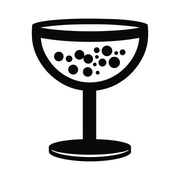Black and white coupe glass with bubbly champagne cocktail flat vector icon isolated on white background. Minimalist silhouette symbol design for restaurant menus, bar menu and party event invites.