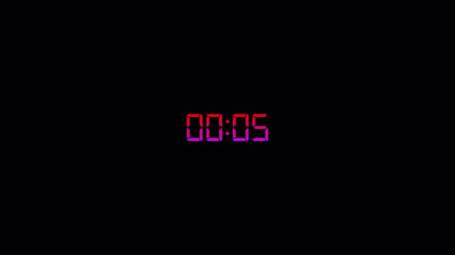 five seconds count up timer animation.from 5 to 0 seconds on transparent background, 5 sec gradient count up timer with alpha channel, 5 second count up timer animation in 4k.