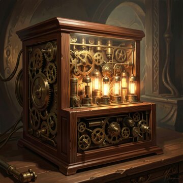 intricate steampunk mechanical device enclosed in wooden cabinet with glowing vacuum tubes and brass gears