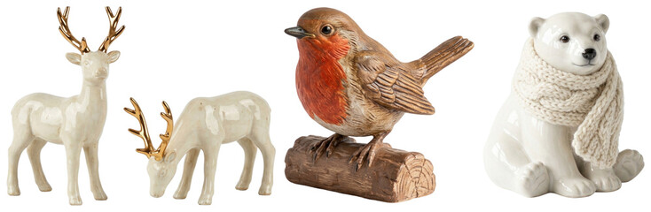 A charming collection of ceramic winter-themed animal figurines including a robin, reindeer pair, and polar bear cub. © A2026_XXX