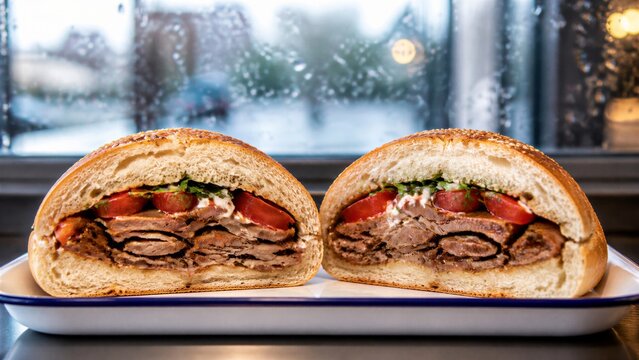 Delicious Turkish pide with doner meat, onions, and tomatoes; served freshly baked and cut in half. A traditional Turkish dish.