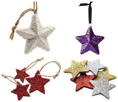 A festive collection of sparkling glitter star ornaments in assorted colors, sizes and finishes with hanging loops.