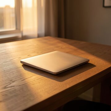 closed sleek modern silver laptop resting on a wooden desk illuminated by warm afternoon sunlight from a nearby window