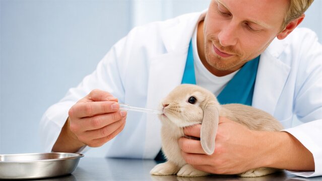 Veterinarian administering liquid medicine to a cute baby rabbit using a dropper during a check-up in a bright animal clinic laboratory