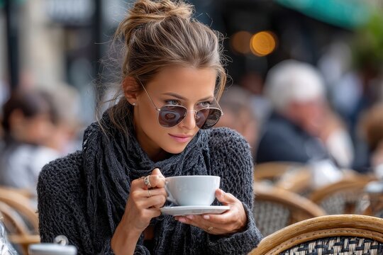 Woman enjoys coffee at outdoor cafe on a sunny day with friends in background