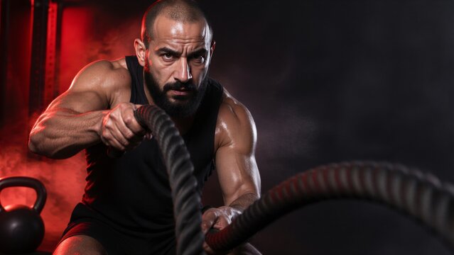 Muscular man intensely working out with battle ropes. Sweat glistens on his skin in a dark gym with red lighting. This image conveys determination and high-intensity fitness