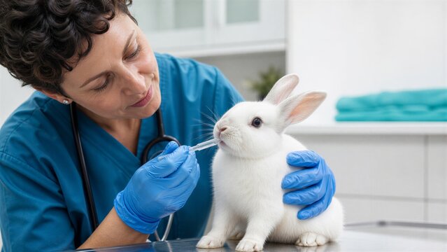 Veterinarian administering liquid medicine to a cute baby rabbit using a dropper during a check-up in a bright animal clinic laboratory