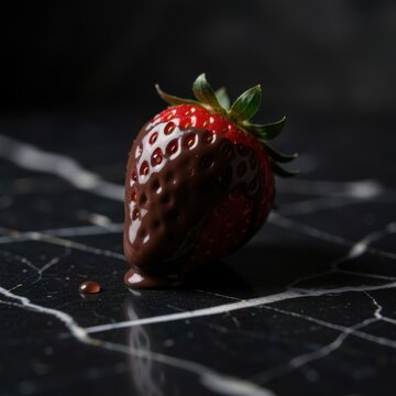 fresh ripe red strawberry dipped in glossy dark chocolate resting on black marble countertop beside a single chocolate droplet