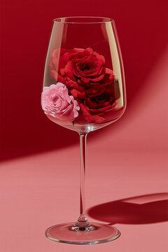Wine glass holds red and pink roses in strong geometric sunlight. Great for stylish posters, promotional graphics and modern visual storytelling.