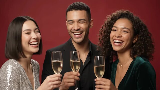 cheerful diverse friends holding champagne flutes celebrating new year. smiling asian and african american people in elegant outfits at party. festive greeting card