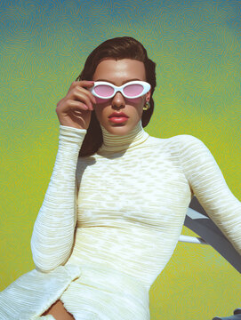 Model in a white fitted outfit adjusts sunglasses against a neon marine backdrop. Useful for magazine layouts, social media promotions and creative branding.