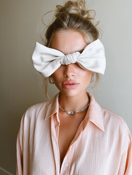 Woman in a pale blouse wears a large white bow over her eyes. Great for stylish posters, promotional graphics and modern visual storytelling.