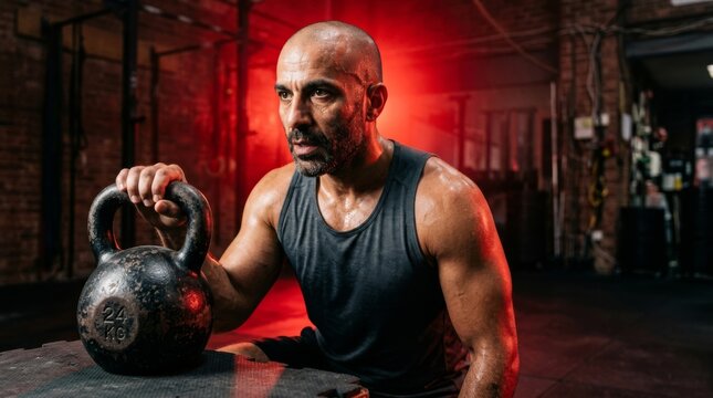 Bald man holding kettlebell after workout in gym. Intense fitness training and strength endurance concept. Healthy lifestyle and bodybuilding motivation