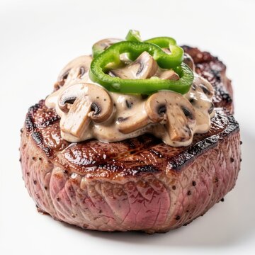 thick juicy grilled beef steak smothered in creamy mushroom sauce and garnished with a raw green bell pepper ring on white background