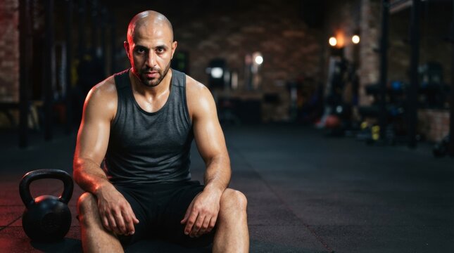 Bald man holding kettlebell after workout in gym. Intense fitness training and strength endurance concept. Healthy lifestyle and bodybuilding motivation