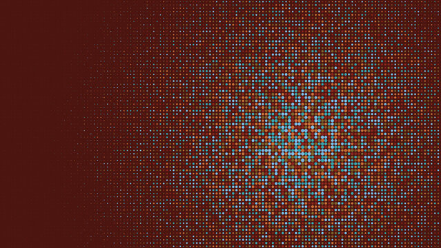Abstract halftone pattern with blue and orange dots on dark red
