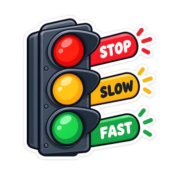 Colorful traffic light with stop, slow, and fast signs in a clean cartoon vector illustration.