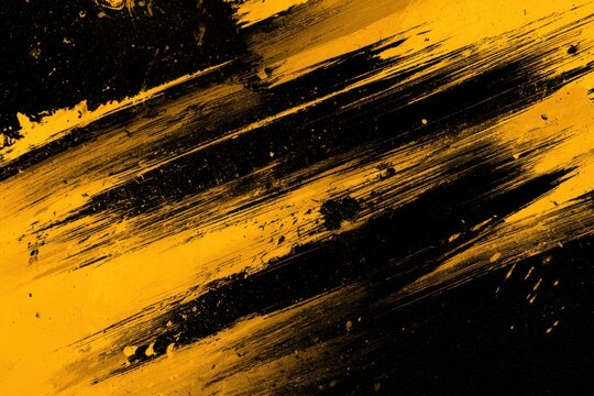 Dynamic abstract background featuring bold black brush strokes sweeping across a vibrant yellow surface with textured paint splatters and artistic flair