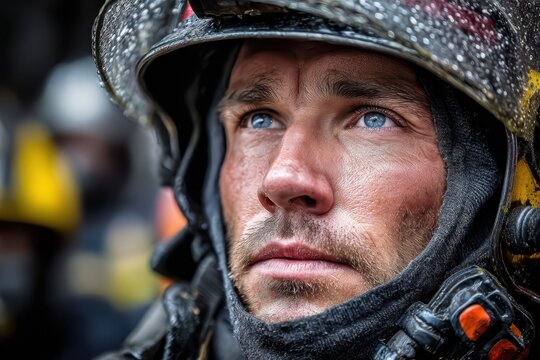 Firefighter reflects on duty during a rain-soaked rescue operation in an urban area
