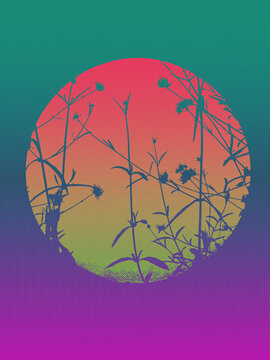 Abstract pop art halftone background with floral silhouettes in a circular frame against a sunset gradient on purple. Suits a poster, retrofuturism and music album cover design with a bold print look.