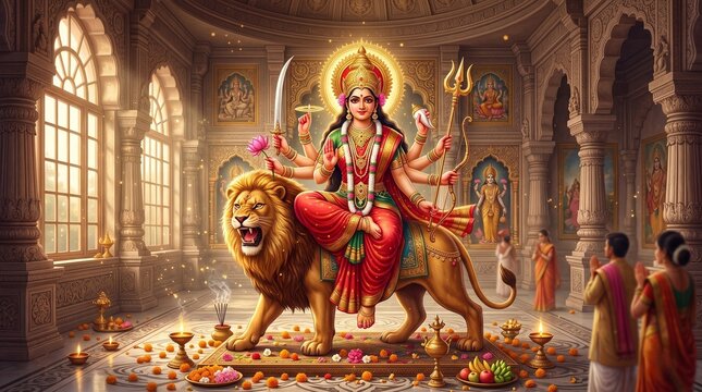happy navratri Durga Mahashakti The Celestial Slayer of Mahishasura Illuminated in Divine Radiance, Adorned with Astral Weapons and Sacred Ornaments, Standing Victorious Amidst Cosmic Light Bursts