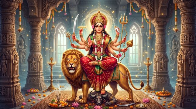 happy navratri Durga Mahashakti The Celestial Slayer of Mahishasura Illuminated in Divine Radiance, Adorned with Astral Weapons and Sacred Ornaments, Standing Victorious Amidst Cosmic Light Bursts