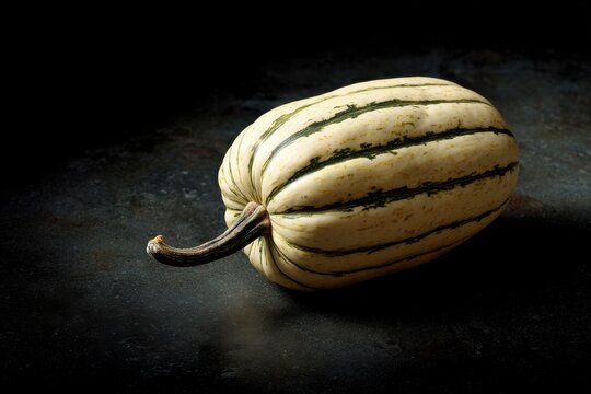 A striped delicata squash resting on a dark textured surface with dramatic lighting highlighting its creamy yellow skin and deep green vertical stripes