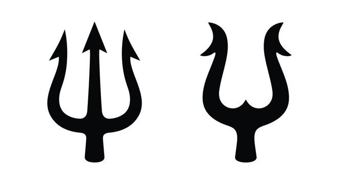Two black trident silhouettes stand against a plain white background depicting nautical symbolism fork spear