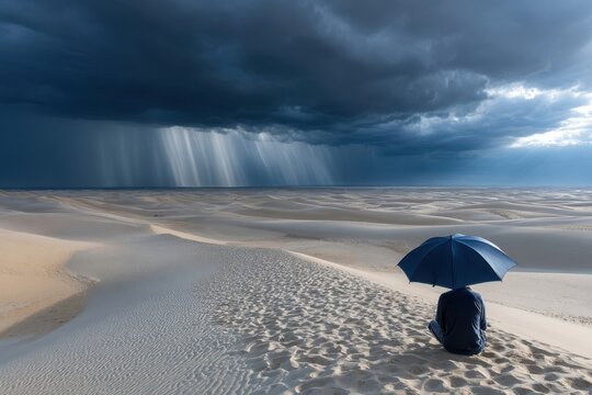 Stormy skies loom over a lone figure in a vast desert landscape with a blue umbrella