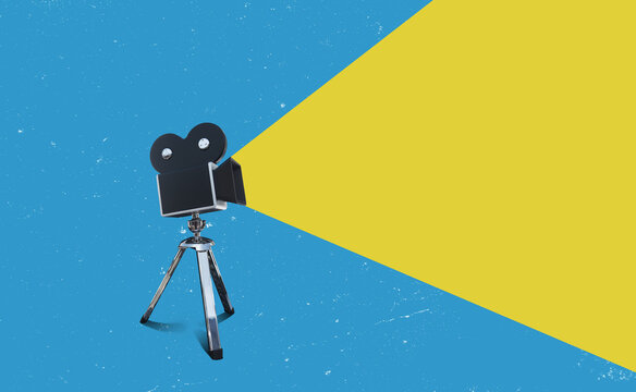 Flat design art. Retro vintage cinema film camera with copy space. Vintage cinema poster.