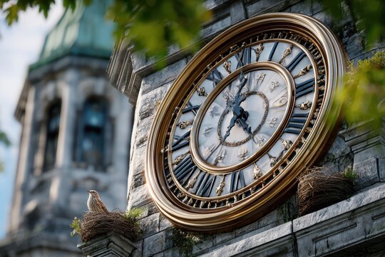 Bird Nesting on Clock Tower in Urban Setting