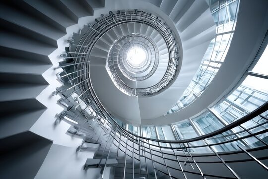 Modern white spiral staircase with metal railings in a bright building interior