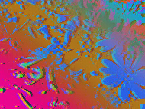 Extreme close-up on a blue flower head with heavy motion-blur glitching and warm magenta halftone background dot pattern. Pairs with abstract film and luxury aesthetic in a brutalist poster design.
