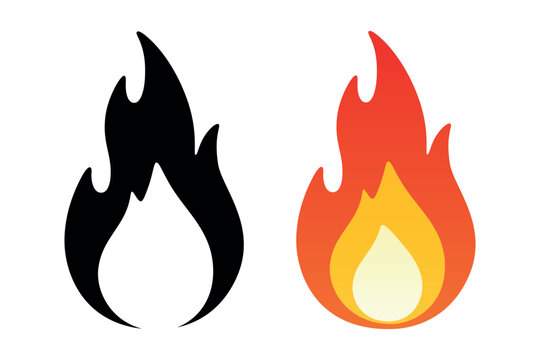 Fire Flame Icon Set, Vector Illustration. Simple Black Silhouette and Color Flame Symbols, Isolated. Hot Burning Fire Sign for Heat, Energy, Warning Design Isolated