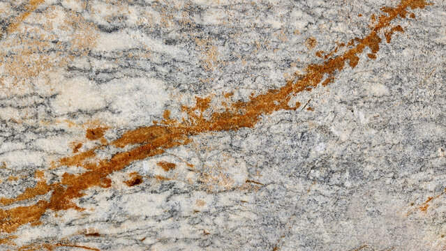 Natural marble texture with a prominent reddish-brown iron oxide vein crossing a gray and white crystalline matrix, illustrating mineral inclusions formed during the metamorphic transformation of lime