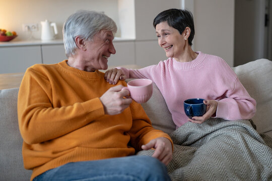 Happy elderly spouses sit close on couch holding cups and laugh during friendly talk, married senior couple enjoys warm drinks, companionship and positive time together during retirement.