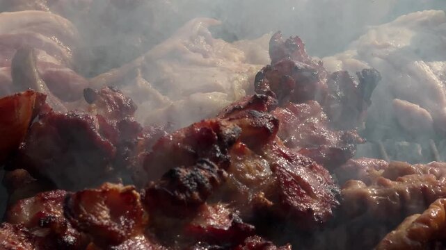 Close-up of grilled meat smoking on charcoal barbecue in Chiang Mai