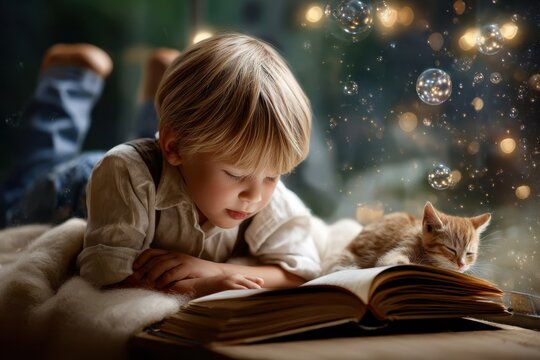 Young child reads a book with a kitten beside him in a cozy, warmly lit room